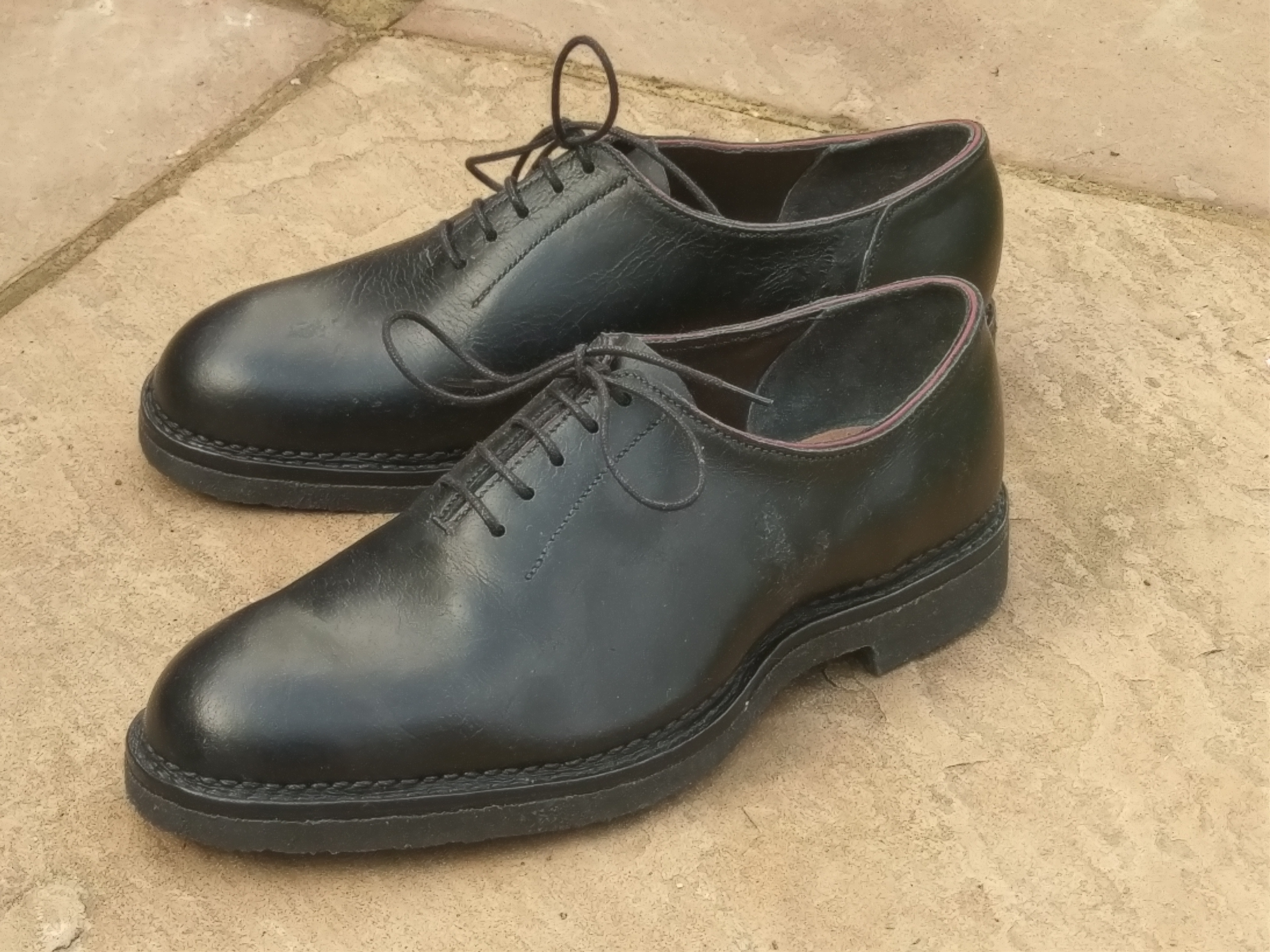 Gents Oxfords, whole cut with Norwegian welt and crepe soe, in CFS African Kudu - Black - made by Philip Bishop
