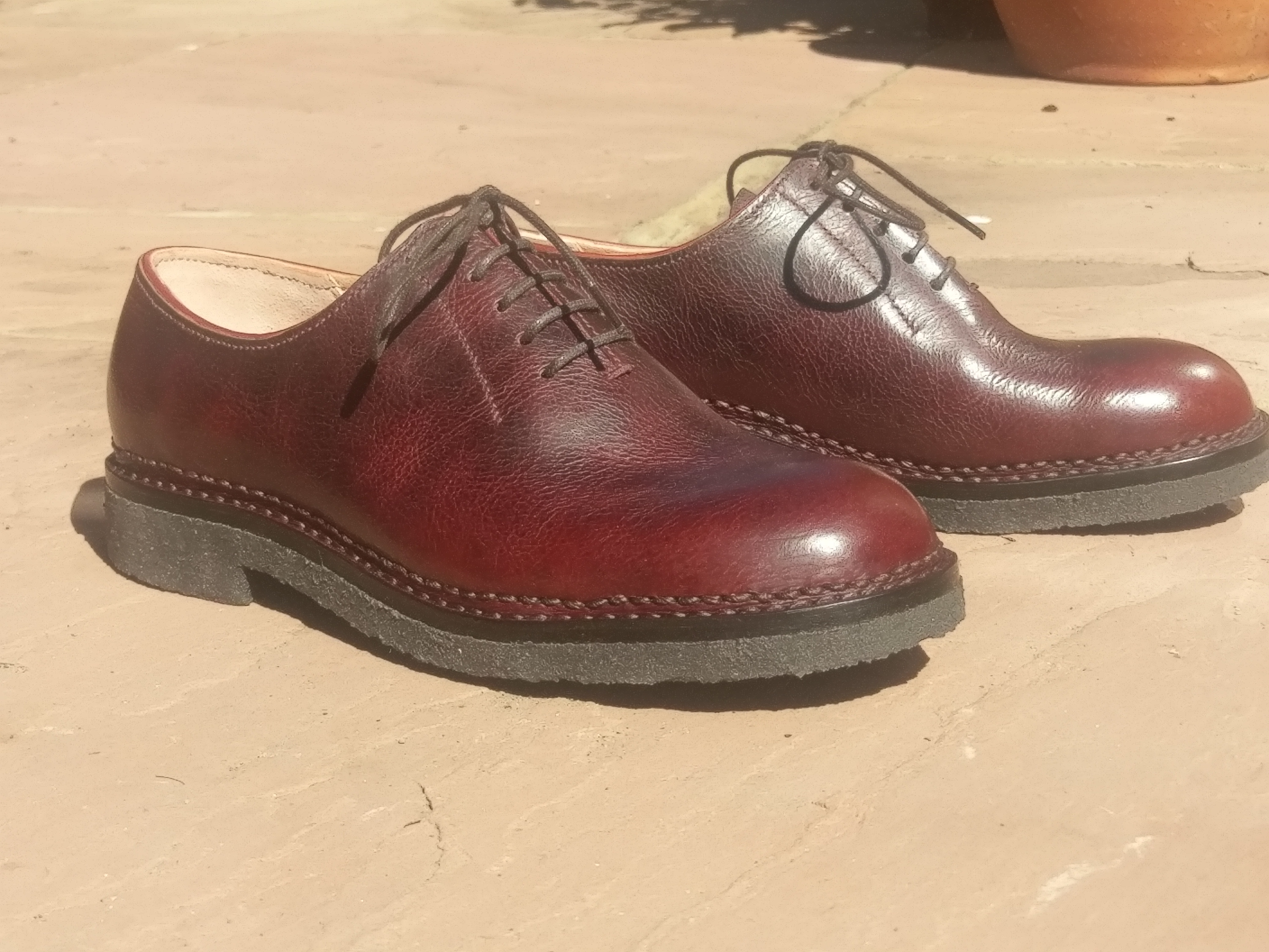 Ladies Oxfords, whole cut with Norwegian Wett and crepe sole, in Badalassi Carlo Wax - Tabacco made by Philip Bishop